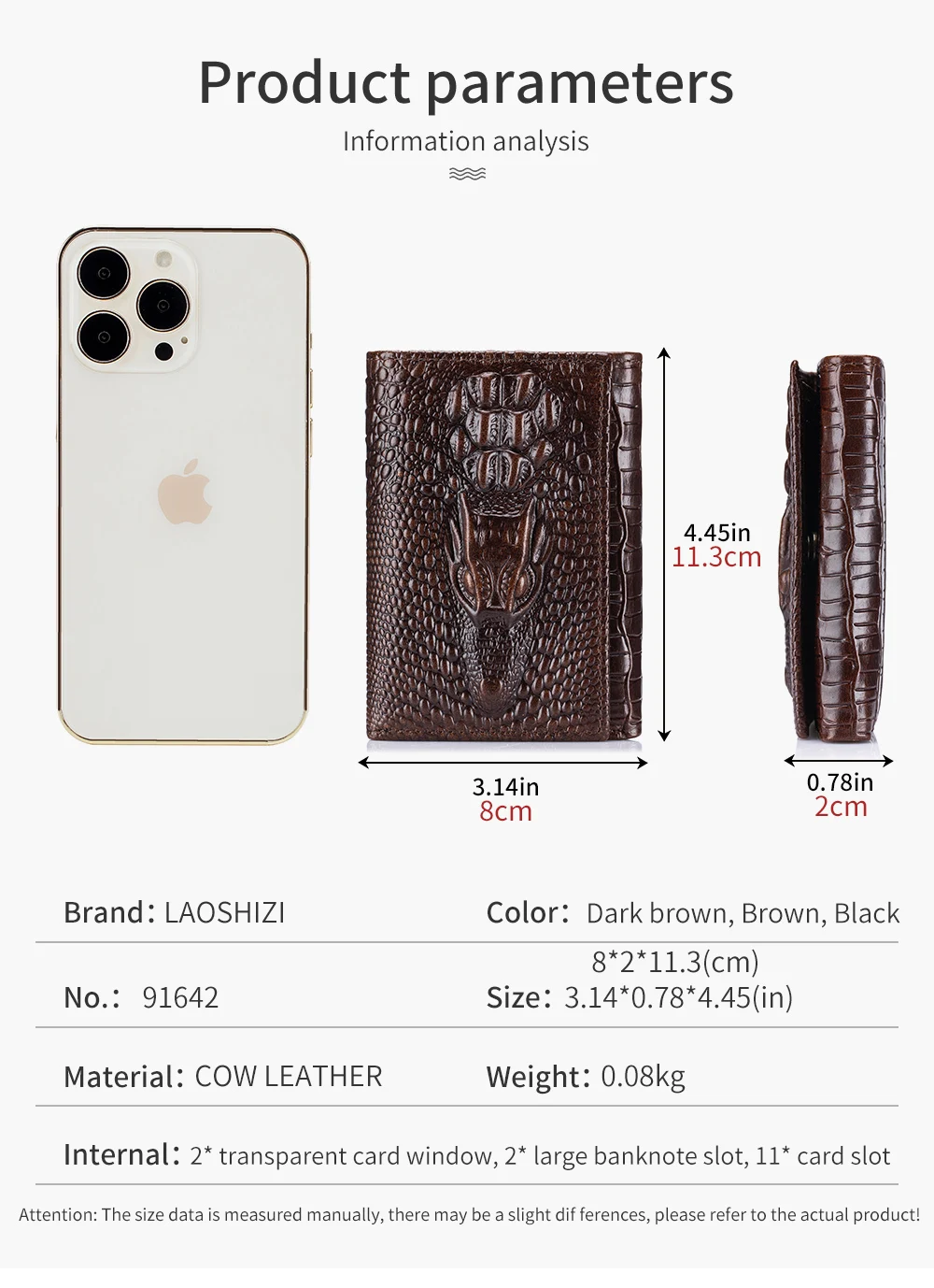 100% Leather Men's Wallet, Leather Short Multi Card Bag, Leather Men's Wallet, Crocodile Patterned Wallet