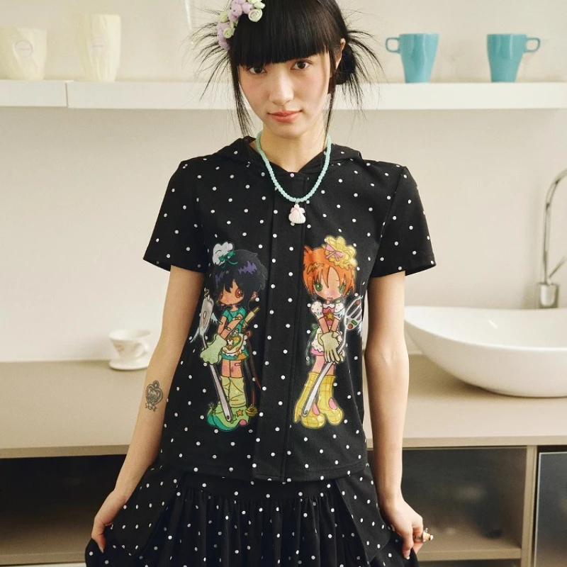 Summer Black Women's Top Original Design Cartoon Anime Polka Dot Short Sleeve Skinny Versatile Sweet Cool Hooded Shirt Ladies