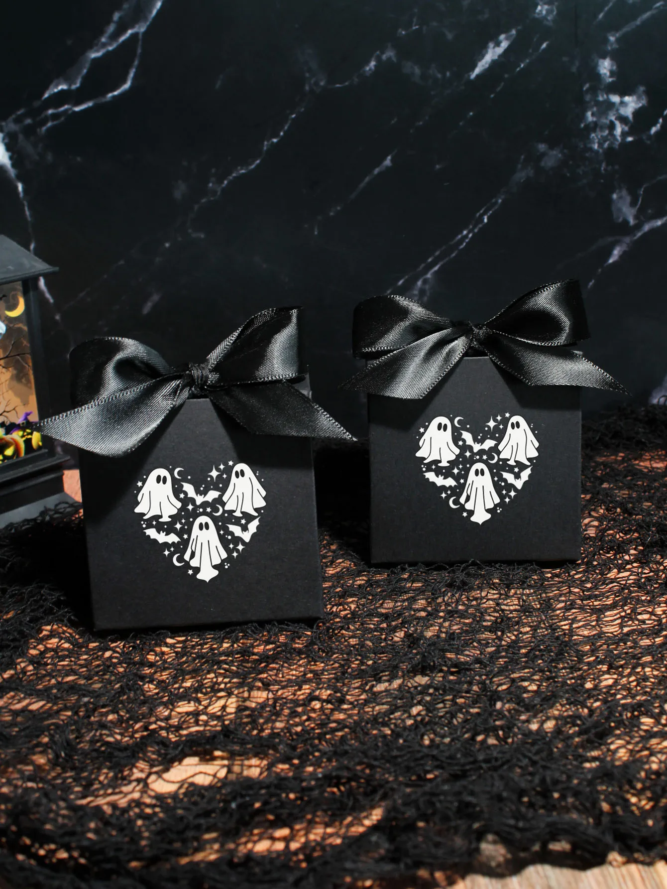 Halloween ghost candy box, surrounded by ghosts forming a heart-shaped and terrifying candy box, trick or treating during partie