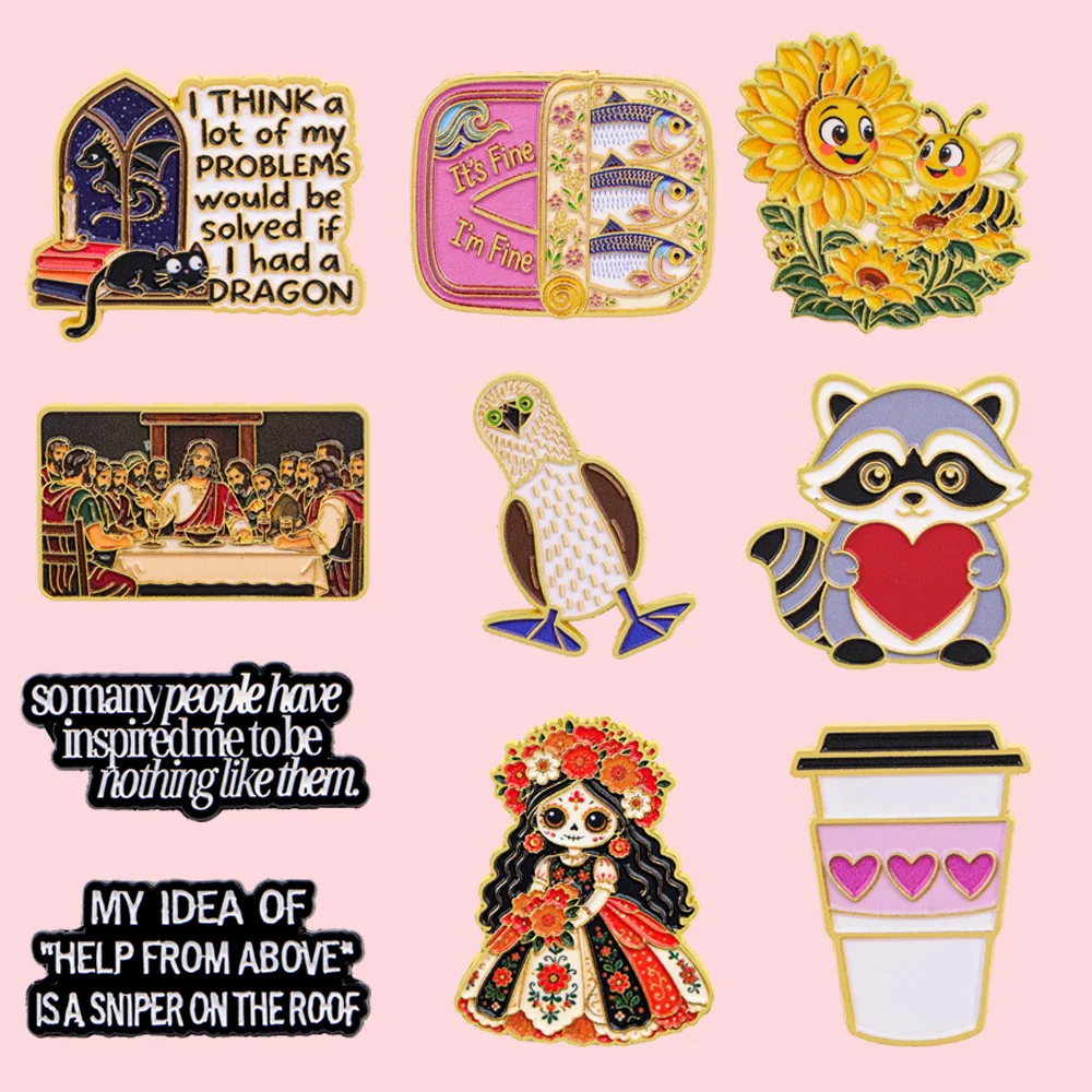 Cartoon Enamel Pins Cute Animal & Quote Lapel Pins Bee Raccoon Cat Badge Brooches for Backpack Clothing Jewelry Decoration Gift