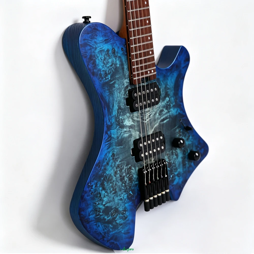 6 String Headless Electric Guitar with Blue Burl Maple Top Roasted Ash Body Guitarra, 24 Frets Stainless Steel Frets
