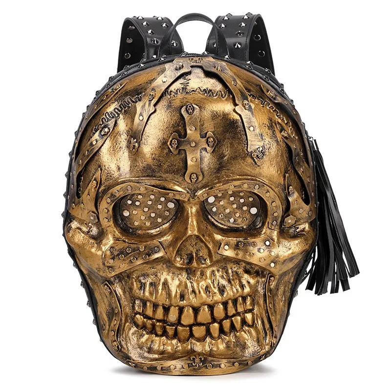 

Heavy Metal 3D Skull Head Punk Rock Motorcycle Knight Backpack Dark Style Street Fashion Shoulder Bag for Youth Men And Women