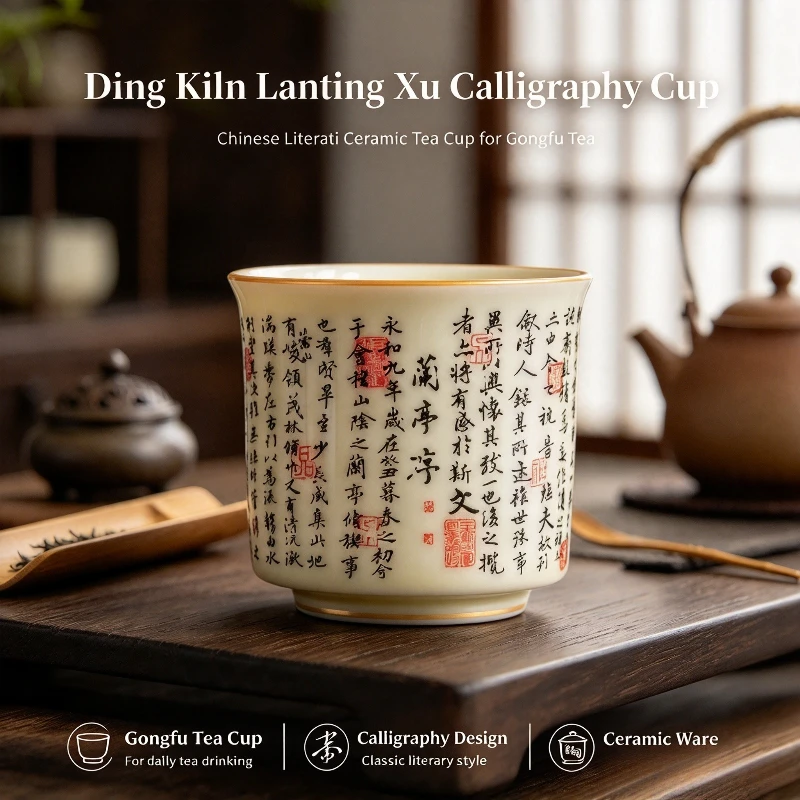 Ding Kiln Lanting Xu Calligraphy Ceramic Tea Cup Chinese Literati Master Cup for Home Personal Gongfu Tea Drinking Ware