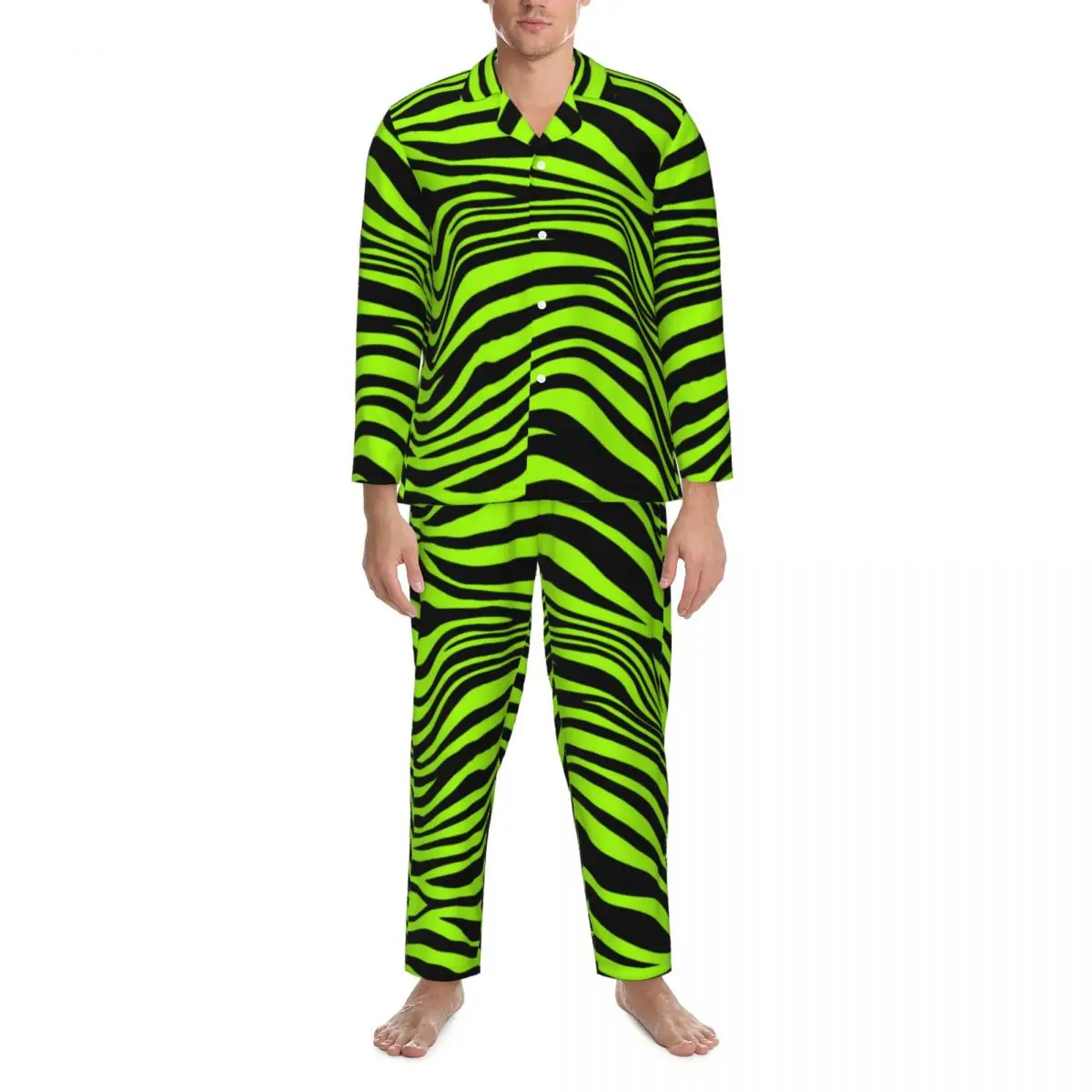 Groene Tijgerlijnen Pyjama Sets Herfst Dierenprint Schattig Zacht Vrije tijd Nachtkleding Heren 2-delig Casual Oversized Nachtkleding Cadeau-idee