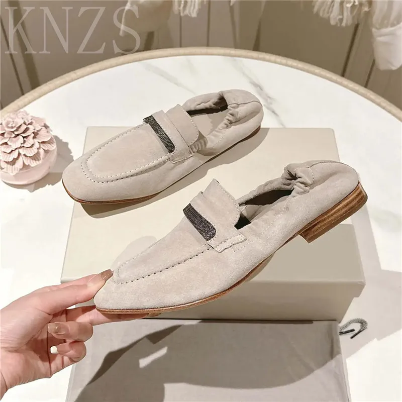 

Spring Autumn New Round Toe Natural Kid Suede Tennis Flats Women String Bead Loafers Sewing Slip-on Concise Casual Single Shoes