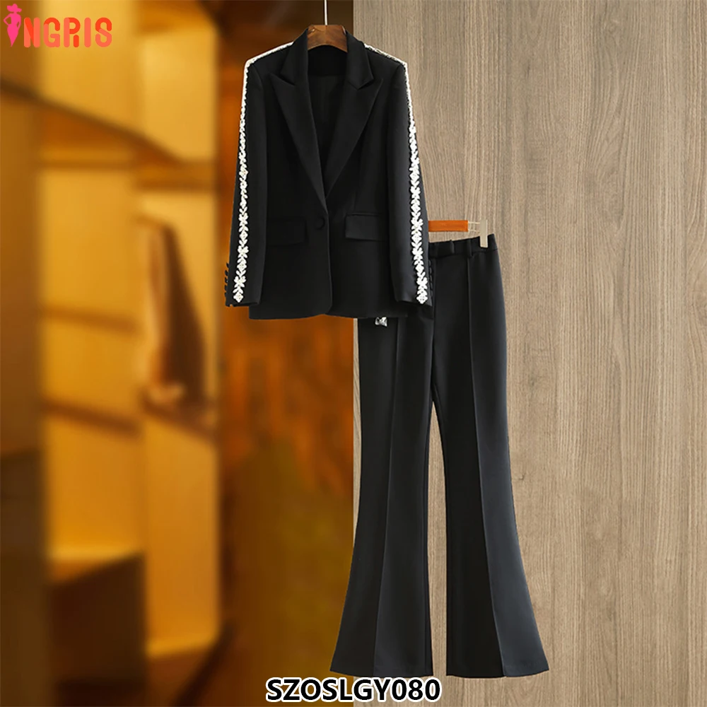 

Womens Office Wear Rhinestone Decorated Single Button Blazer with Flared Pants Ladies Two Piece Suit-SZOSLGY080
