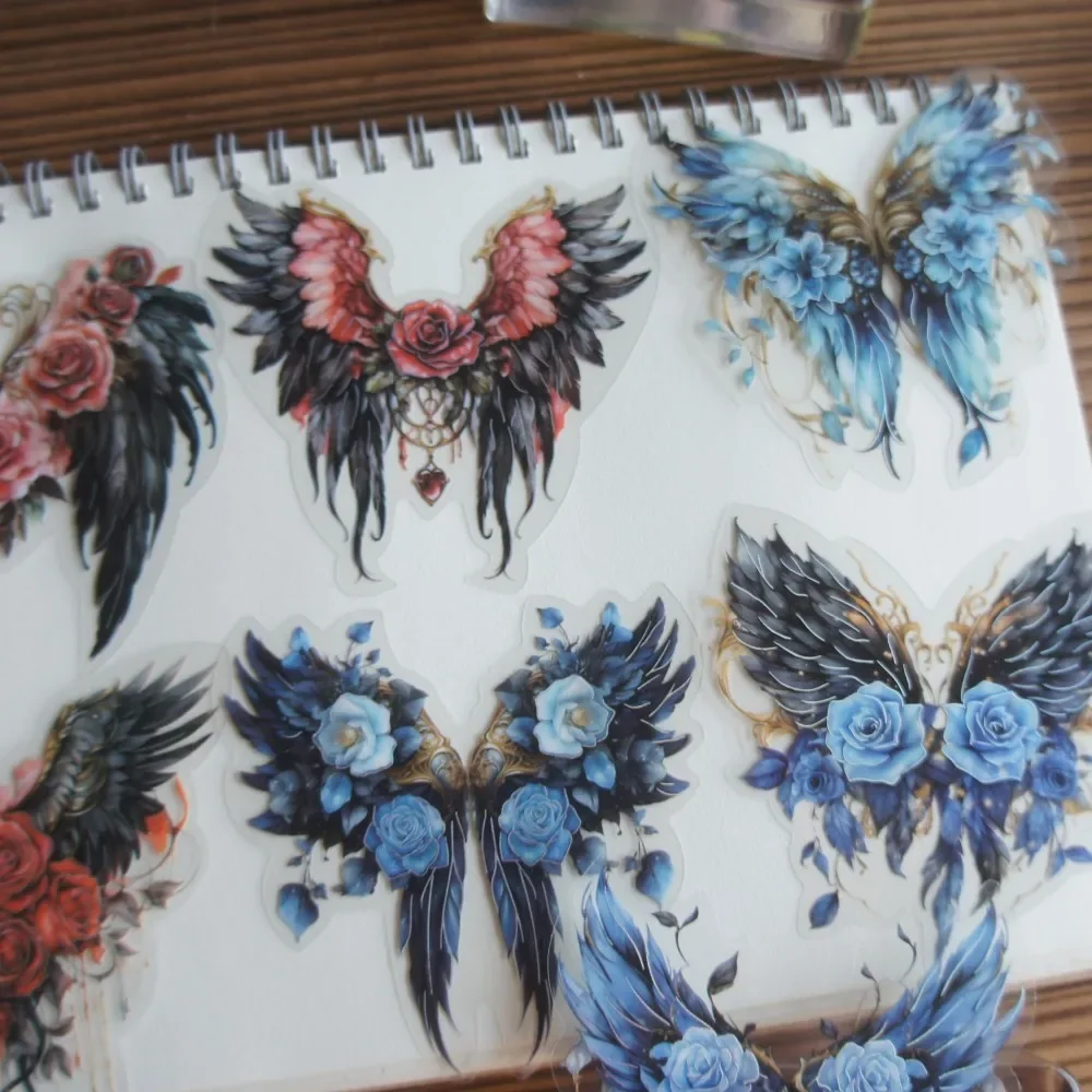 

12 Pcs Colorful Rose Feather Wings Style PVC Sticker Scrapbooking Background DIY Gift Label Tag Decoration