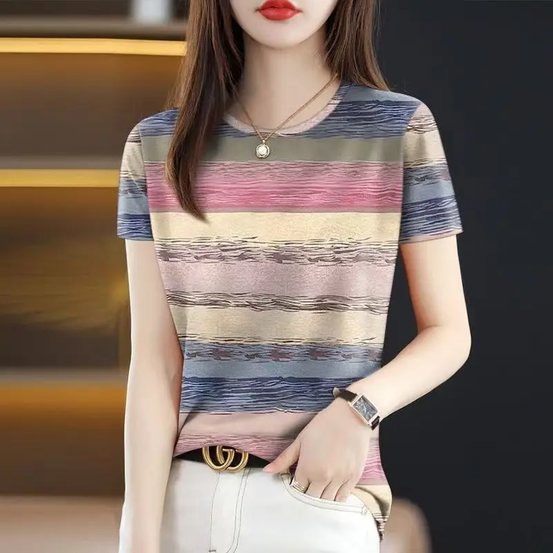 New Summer Round Neck Short-sleeved Outer Wear Rainbow Short-sleeved Fashionable Versatile Elegant Casual Top