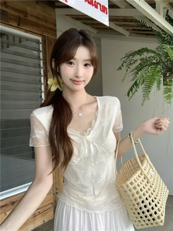 

plus Size Women's Pure Desire Style Shirt Summer Sexy V-Neck Lace Knot Short Sleeve Base Layer Little Girl Top