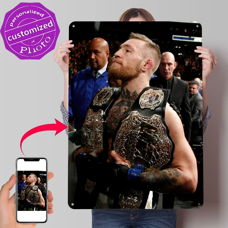Conor McGregor With Championship Belts Tin Poster Customized Wall Art Retro Vintage Metal Signs for Fans Room Coffee Bar Decor