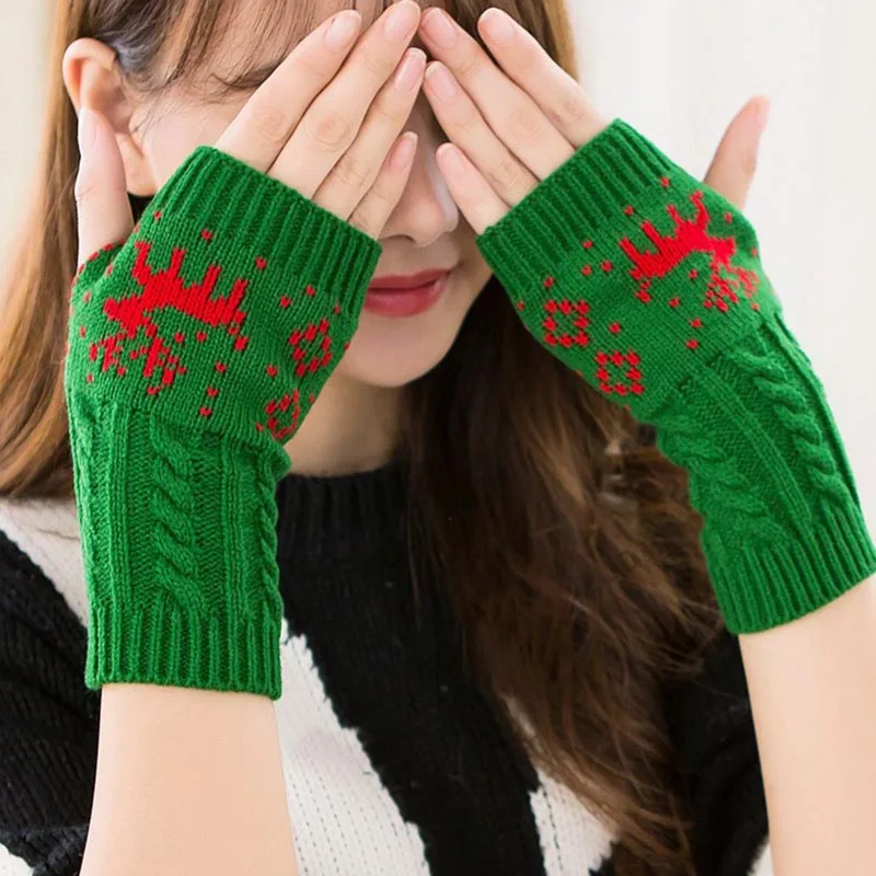 Elk Christmas Gloves Women Half-finger Knitting Gloves Winter Hand Warmer Female Arm Crochet Faux Wool Fingerless Mitten T76