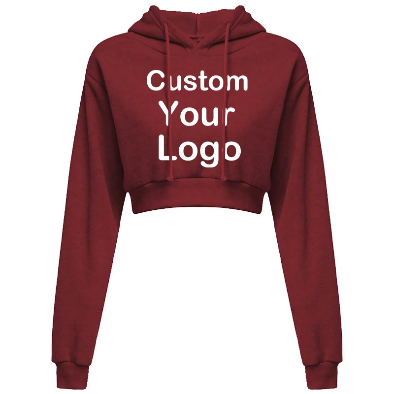 Customized Logo Print Crop Hoodie Women Spring Autumn Pullovers Ladies Solid Color Drawstring Hooded Full Sleeve Sweatshirt