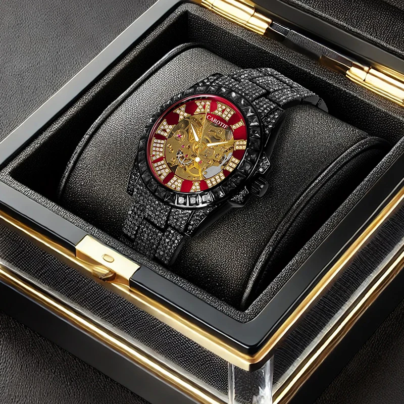 

Мужские автоматические механические часы с черным стальным ремешком и римскими цифрами с маховиком