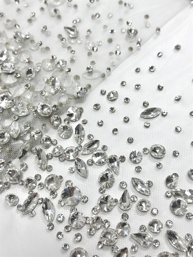 Heavy Process Crystal Decor Gold Stones for Party Dress Series, Embroidery Elastic net Lace, Super Top Quality Fabric For Party.