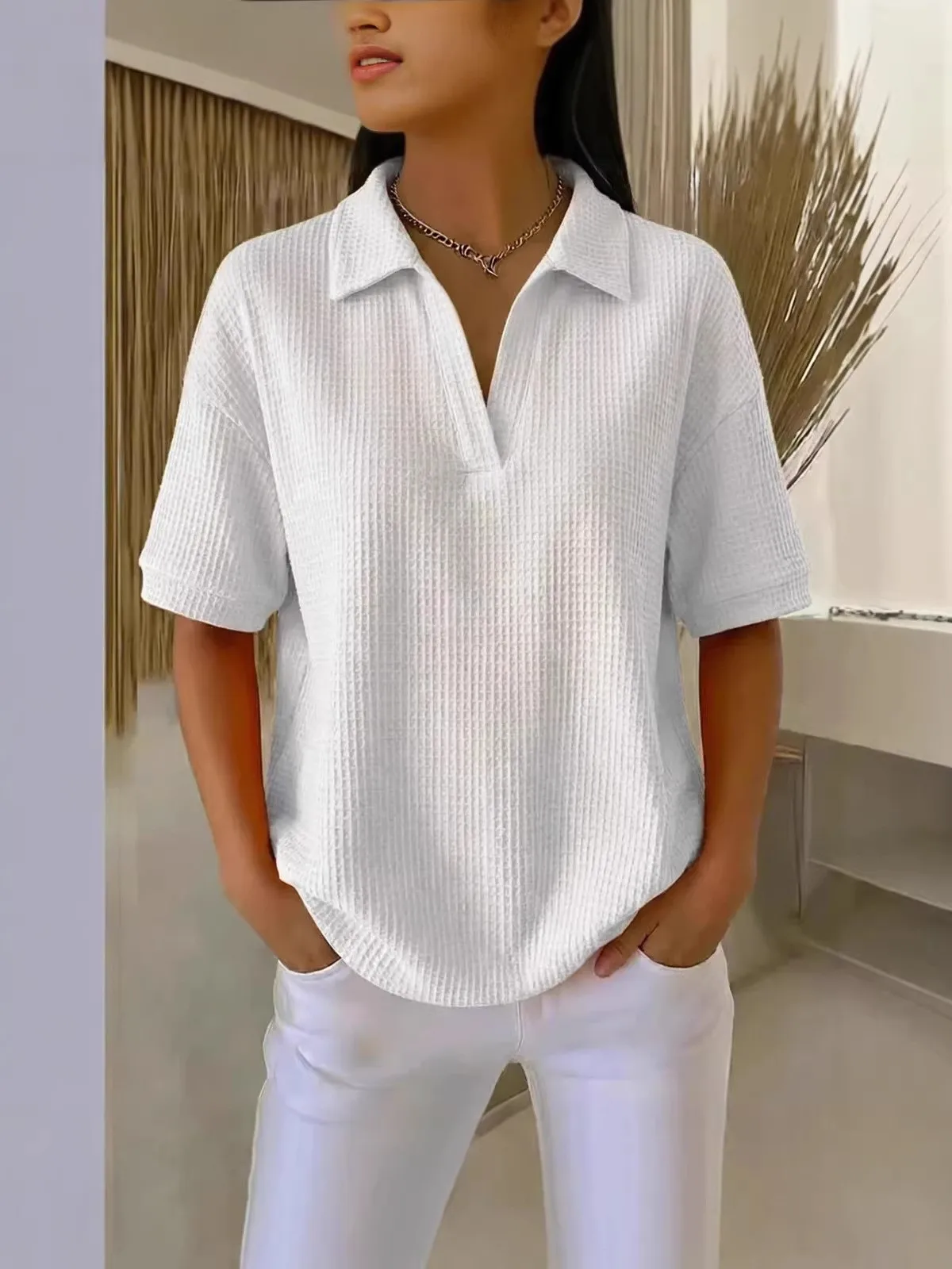 

Summer Women's Clothing Loose Fit Short Sleeve Top With Waffle Texture For Casual Daily Wear Polyester Comfort Basic Tee