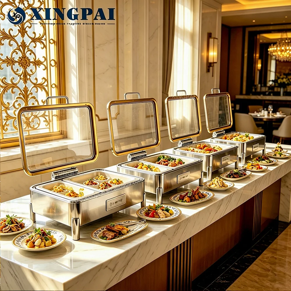 XINGPAI - Recipientes para Calentar Comida para Hoteles y Restaurantes, Recipiente Rectangular de Lujo en Dorado para Restaurantes