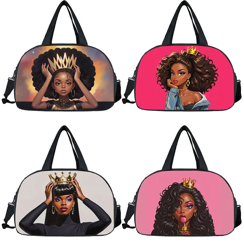 

Black Women with Crown Print Handbag for Travel Large Capacity Duffle Bags Afro Ladies Multifunctional Storage Bag Shoes Holder