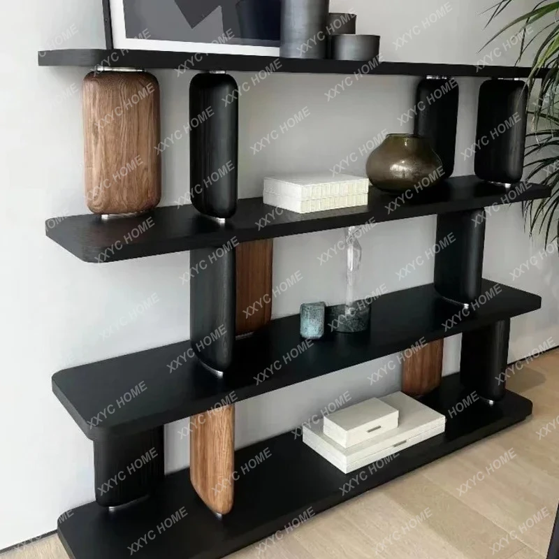 New Chinese solid wood bookshelf wabi sandy wind light luxury model room study display shelf07