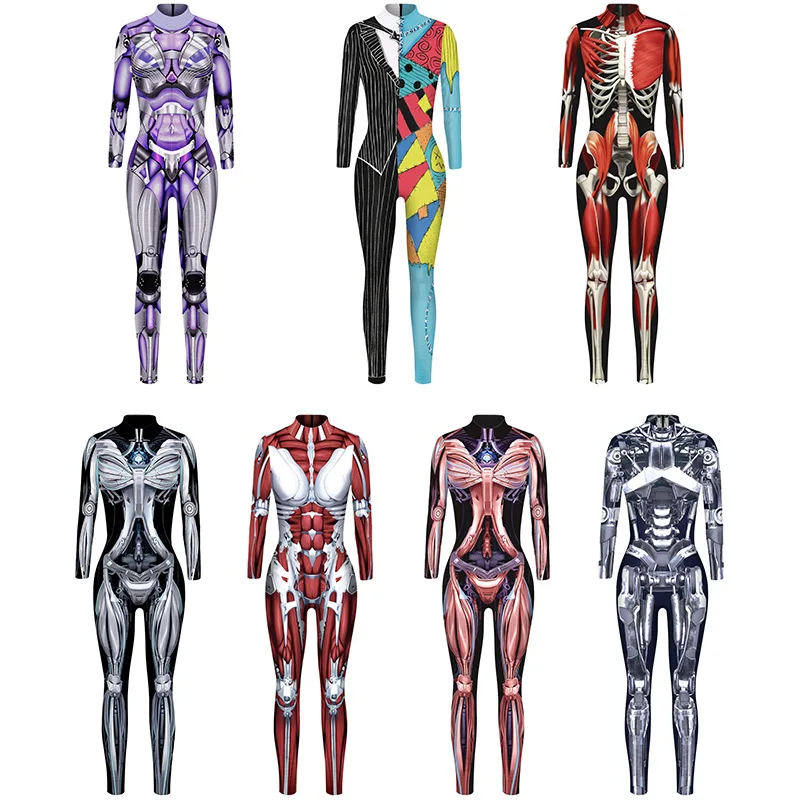 Steampunk روبوت الشرير الهيكل العظمي Cyberpunk مثير سليم بذلة Catsuit تأثيري ازياء Zentai النساء ارتداءها ملابس تنكرية هالوين