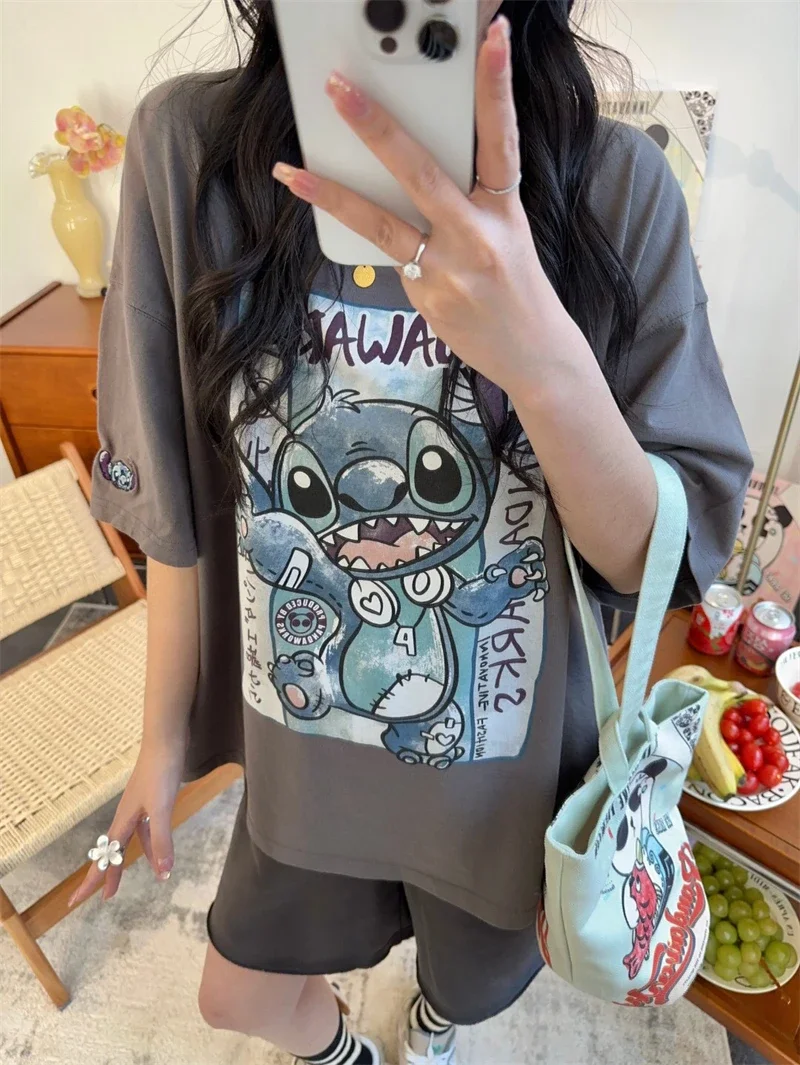 Camiseta Kawaii de Lilo & Stitch de Disney para mujer, ropa de calle Harajuku Y2K, Ullzang, ropa de calle de moda de verano