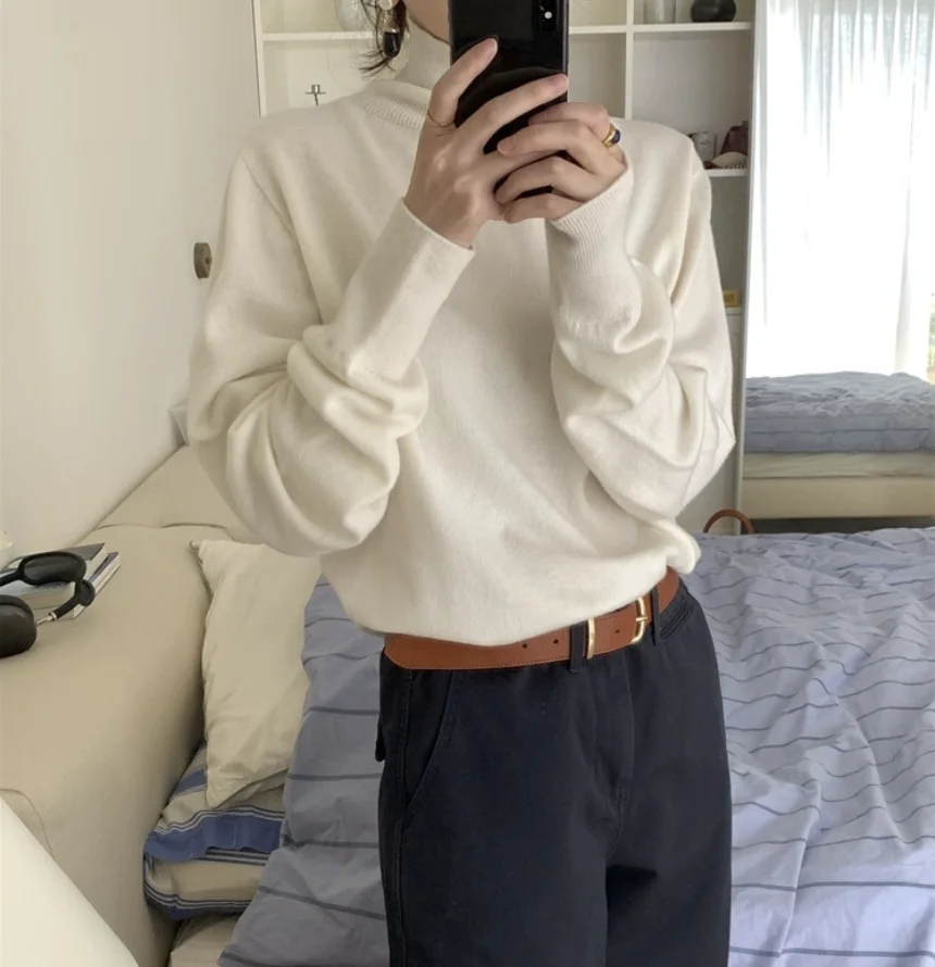 부드러운 울 하이넥 니트 스웨터 여성용 베이스 레이어 출퇴근용 긴 소매 순색 가을 겨울 패션