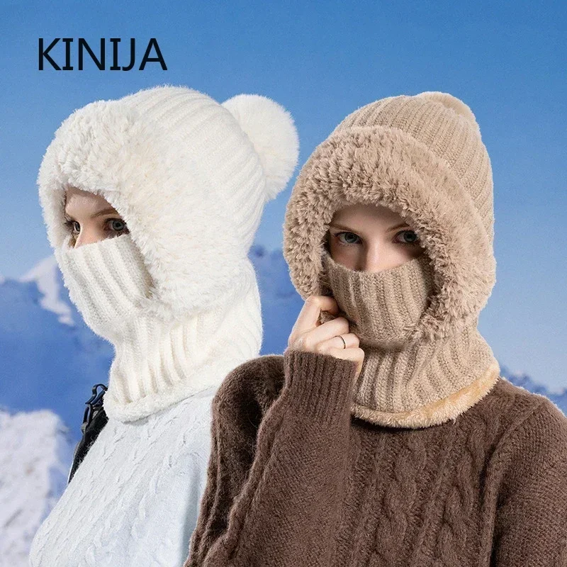 Women Hooded Cap Winter Velvet Knitted Skullies Beanies  Ear Protection Fluffy Hat Lady Mask Neck Integrated Warmth Cover Hat