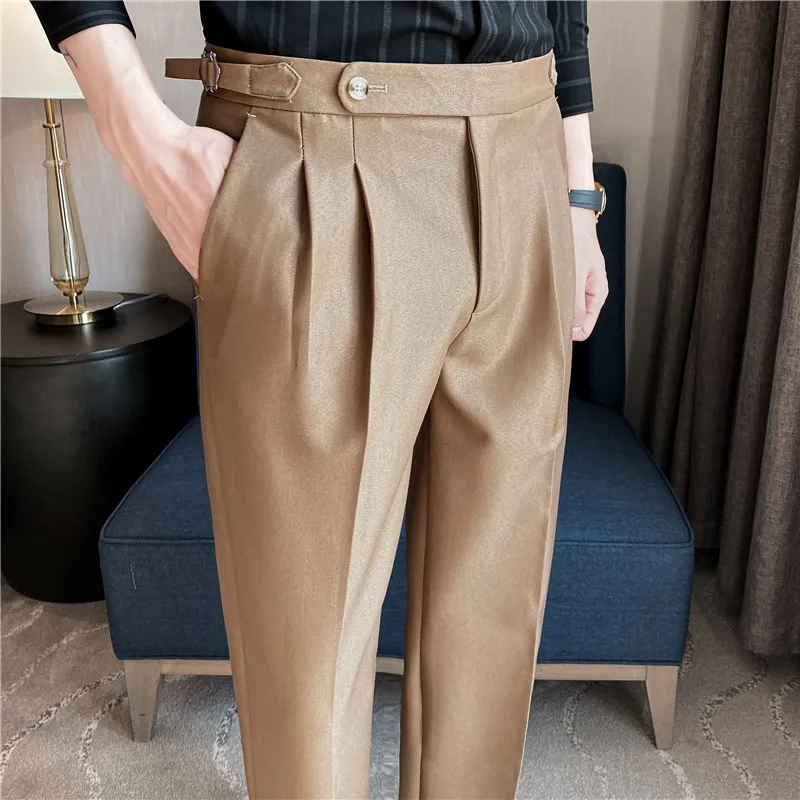 British Style Men High Waist Casual Business Dress Pants Streetwear 2024 New Fashion Social Belt Decoration Slim Fit Suit Pants