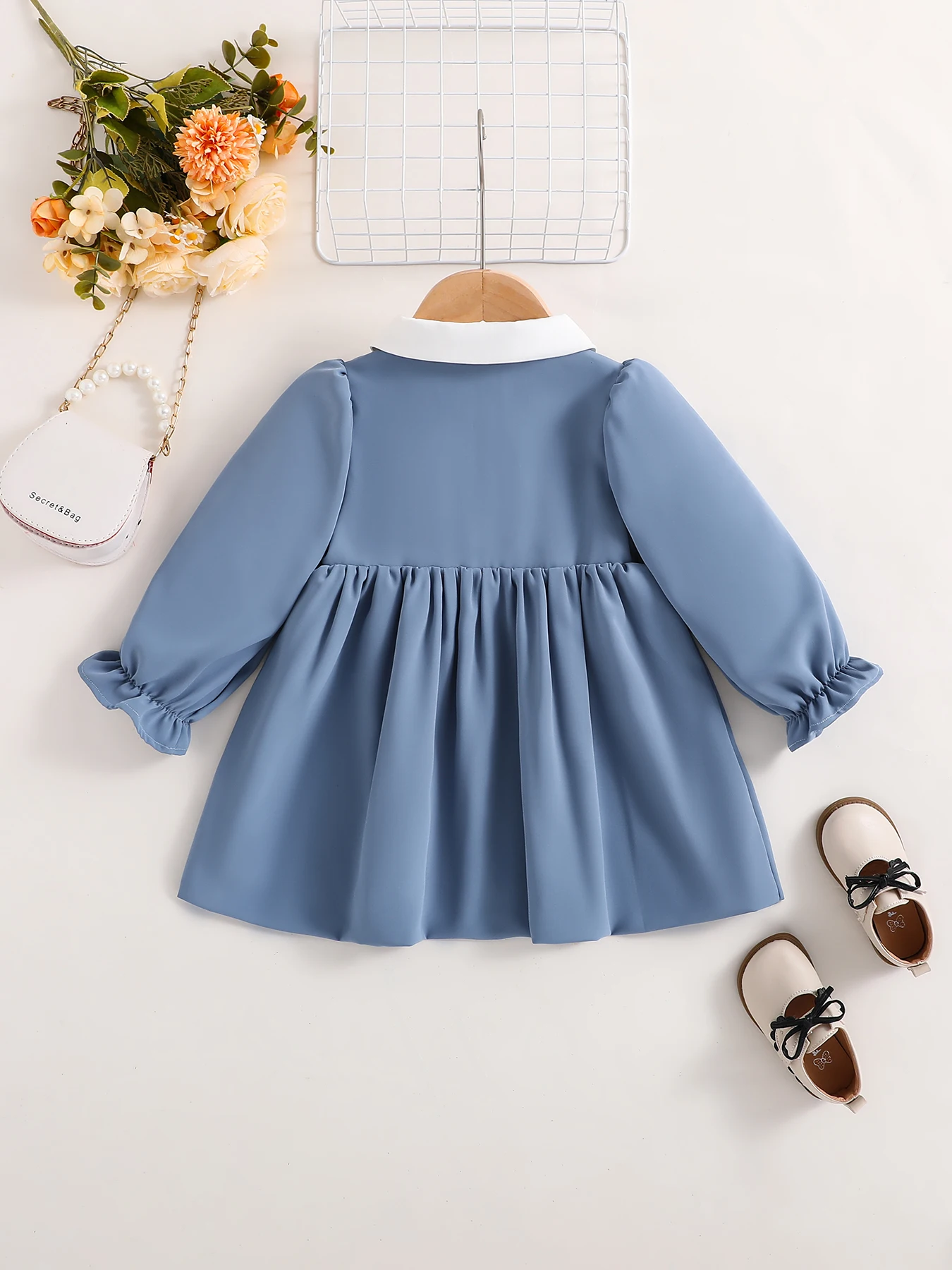 Spring Autumn Baby Girl Blue Bow Tie Collar Doll Long Sleeve Dress