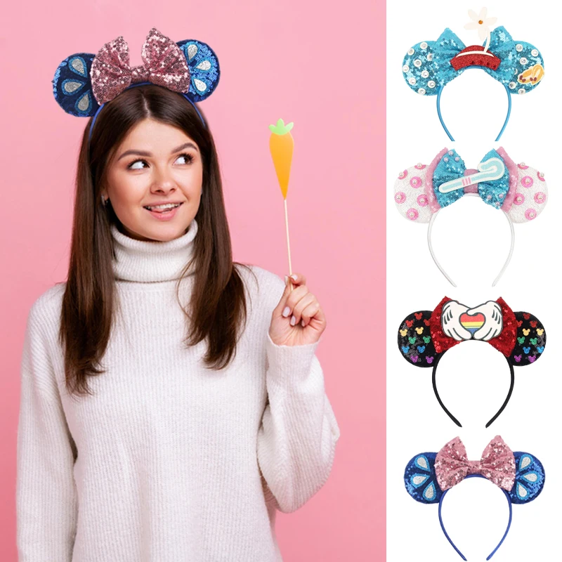 Diadema con orejas de ratón para niñas y adultos, diadema con lazo de 5 pulgadas y lentejuelas, accesorios para el cabello para fiesta, Cosplay, 2024