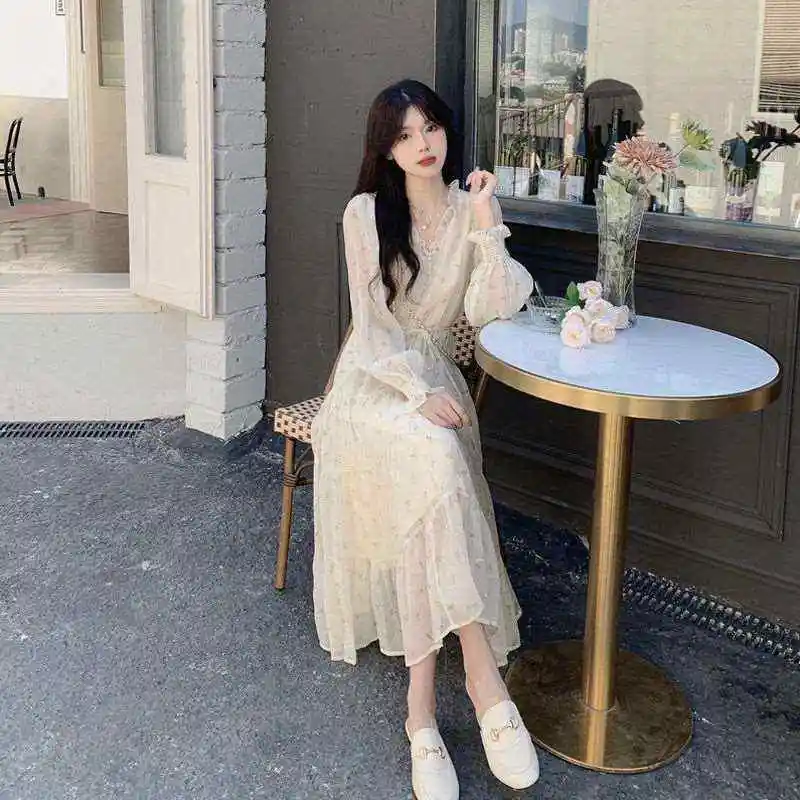 신상 여성 봄 여름 프렌치 쉬폰 롱 스커트 한국 스타일 조절 가능한 허리 A라인 스커트 플로럴 프린트 출퇴근용