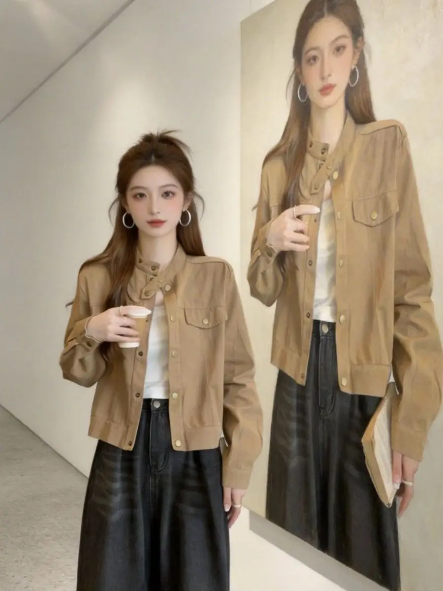 Korean Style Short Coat Jacket Women's Spring Autumn Khaki Collar Button Double Pocket Cover Top Fashion Workwear Wind