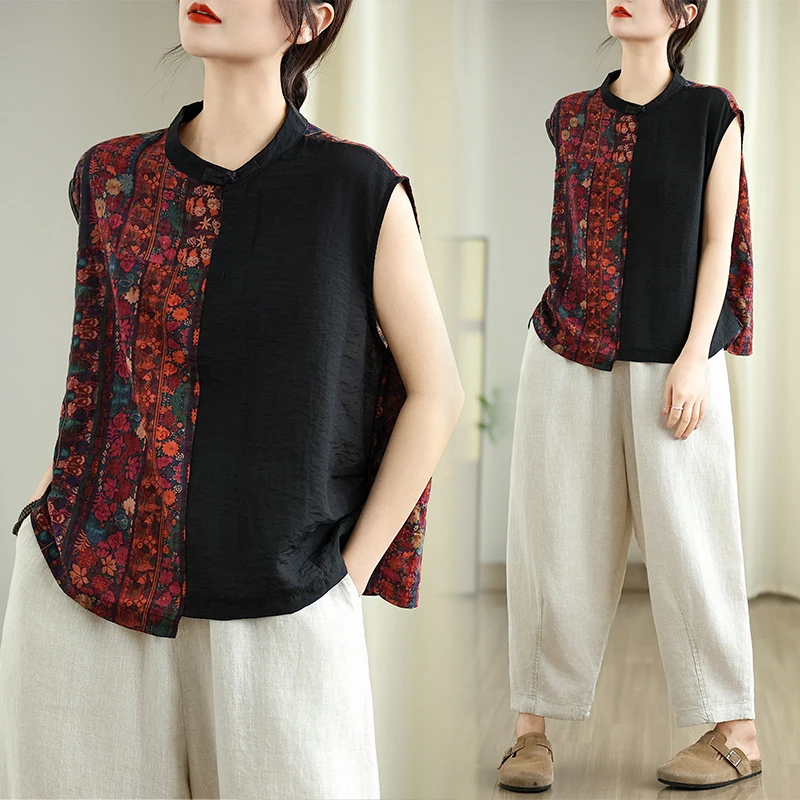 

Summer New plus Size Women's round Neck Printed T-shirt Sleeveless Base Shirt Top European Style Commute Artistic Floral Print