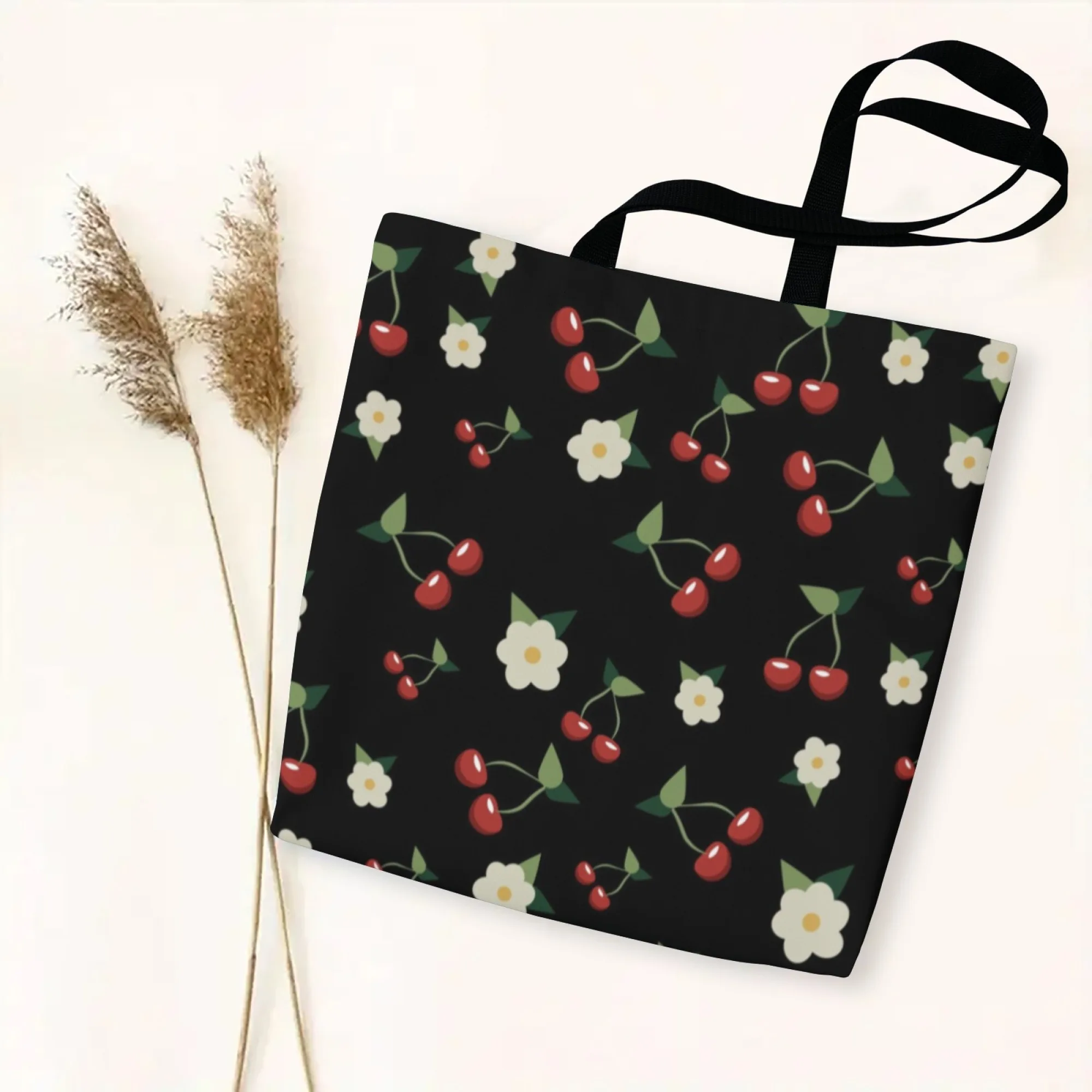 Black Cherry & Vintage Canvas Women Tote Bag Sweet Shoulder Bag Reusable Ideal for Vintage Fans Cute Style & Daily Sweet Looks