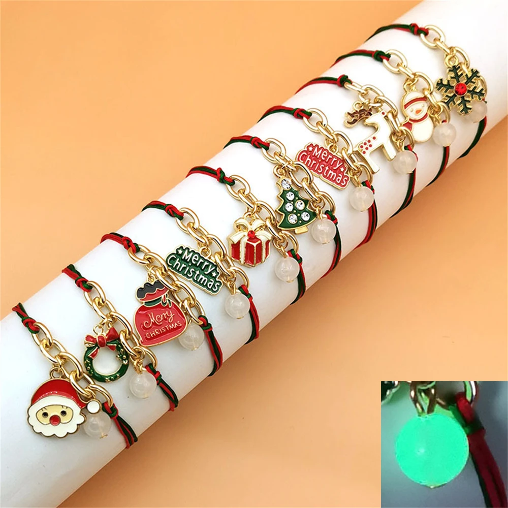 Hot Selling Nightlight Christmas Woven Bracelet Alloy Santa Claus Tree Bell Snowflake Blessing Bag Glowing Jewelry Gifts