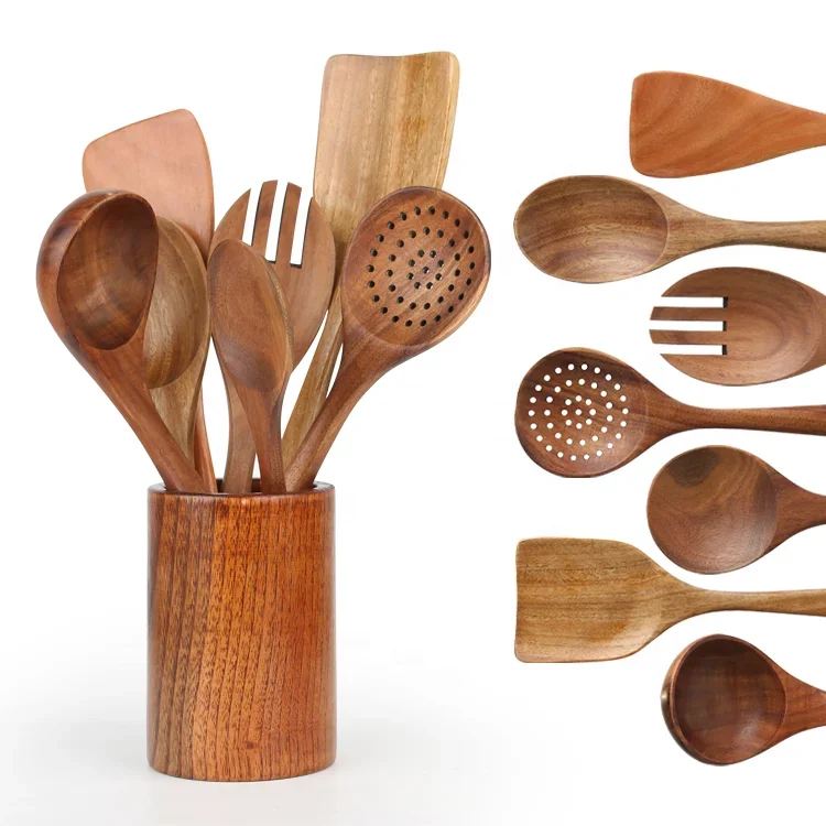 

Quality Natural Teak Acacia Cookware Home Kitchen Accessories Cooking Wooden Utensil Kitchen Set