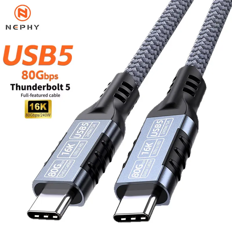 USB 5.0 Cable 80Gbps 240W 16K 60Hz Type C Fast Charging Compatible Thunderbolt 5/4/3 USB C to C Data Transfer Cable for Laptop