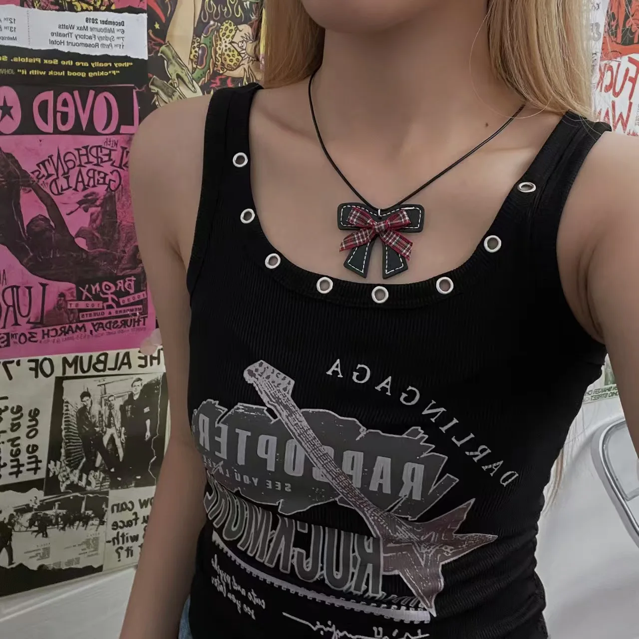 Sweet and cool Dark Punk Rock and roll Niche design sense Red checkered Bow Leather rope Alloy  Sweater chain Clavicle chain