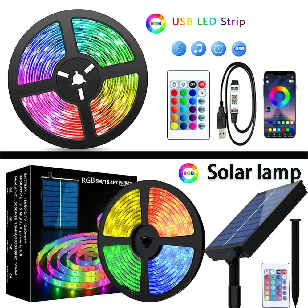 

5M/10M Solar/USB Led Lights for Room RGB Led Strip Color 5050 Changing RGB Tape Lights for Party Decoration TV Backlight Ribbon