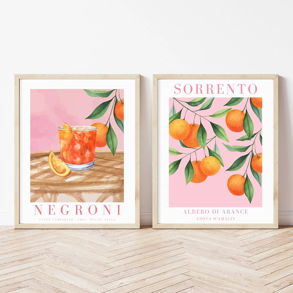 Cartoon Fruit Juice Mojito Posters and Print Sorrento Drink Negroni Orange Canvas Painting Club Bar Shop Kitchen Home Decoration