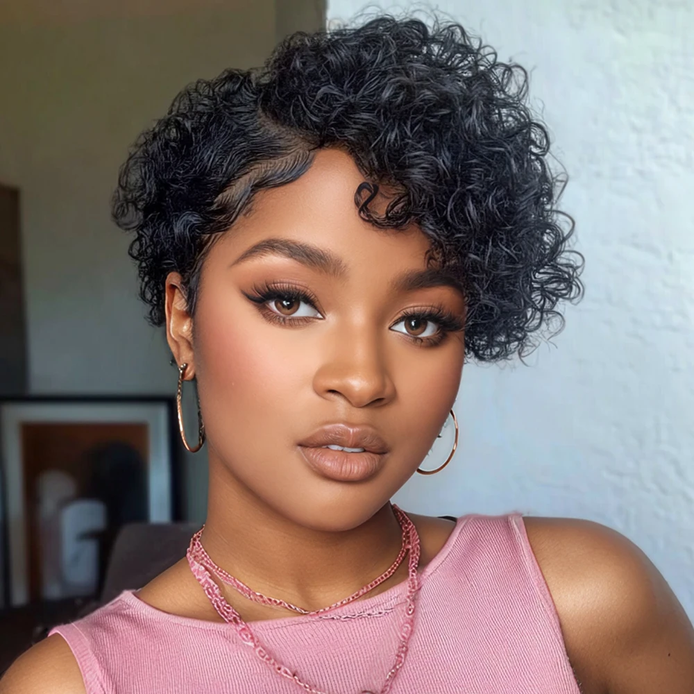 

Короткий парик QVR в стиле пикси, кудрявый парик из натуральных волос для женщин, парик с кружевной передней частью, парик из перуанских волос с глубокой волной, с предварительно проработанной линией роста волос