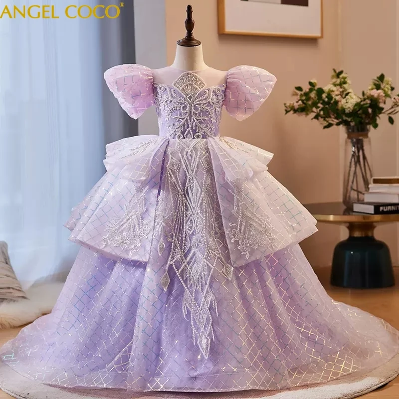 

Purple Evening Dresses Long Luxury Celebrity Flower Girls Dresses Lace Sequins Girls Pageant Birthday Prom Gown First Communion