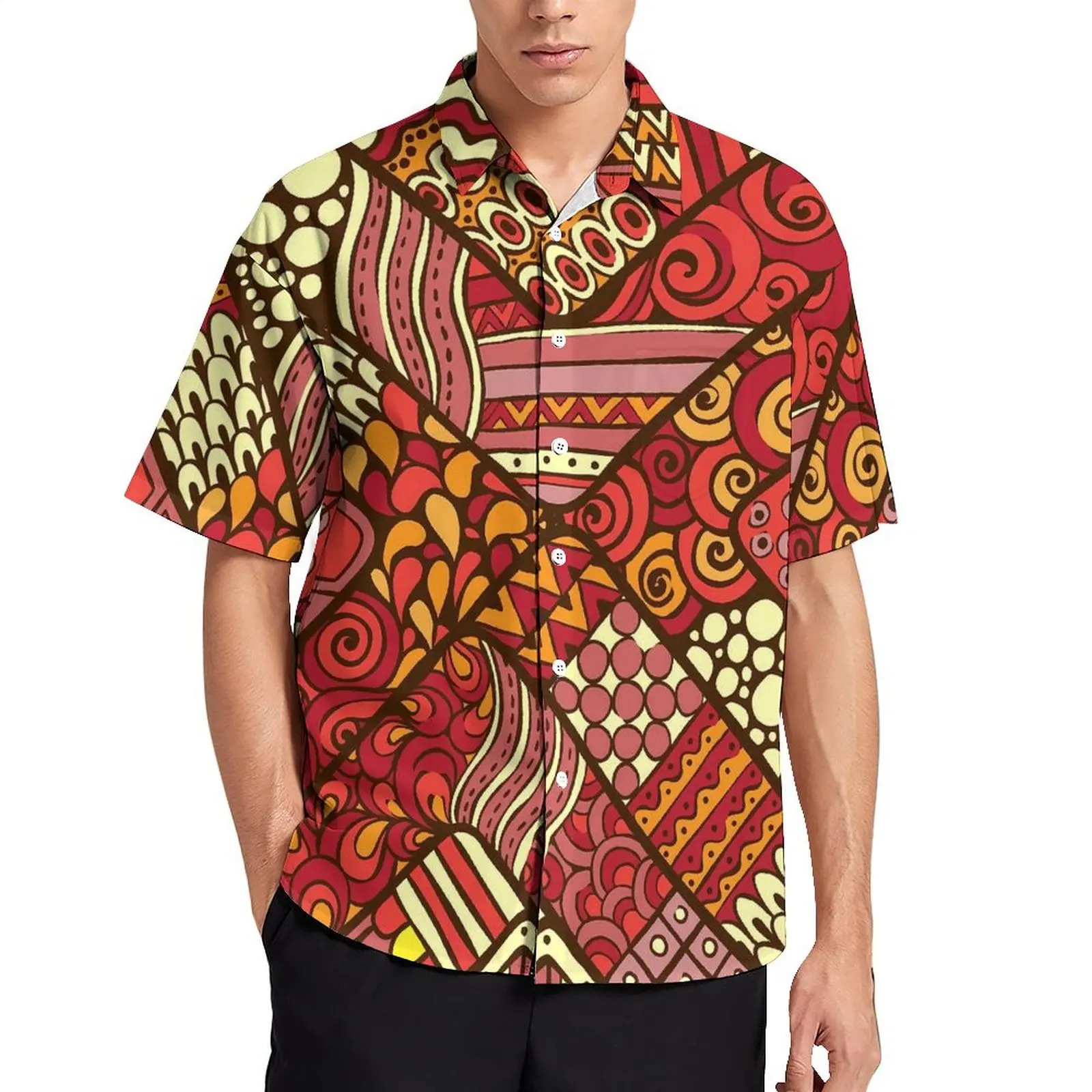 

Abstract Tribal Vacation Shirt Red Patchwrok Print Hawaiian Casual Shirts Man Novelty Blouses Short Sleeves Comfortable Clothing