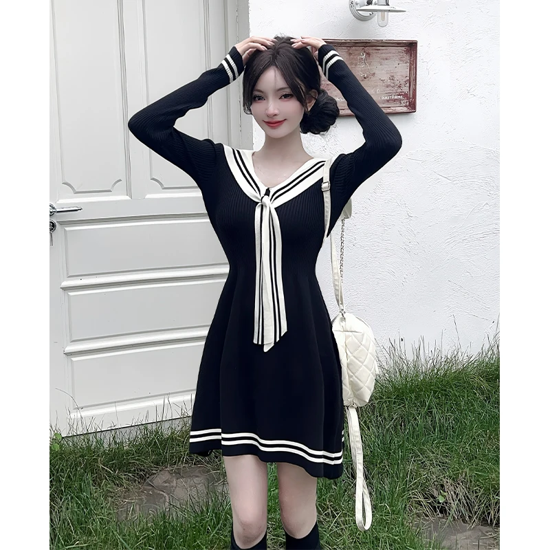 Kawaii Nero Lavorato A Maglia Mini Vestito Delle Donne Giapponese Lolita Collare Alla Marinara Abiti Invernale Y2K A Righe Manica Lunga Aderente Abiti Nuovo