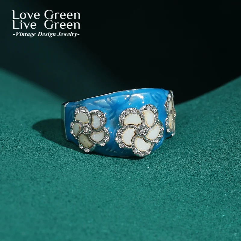 

Vintage Blue Rings Enamel White Flower Elegant Women Accessories Silver Color Rhinestone Luxury Jewelry Designer Trendy Wedding