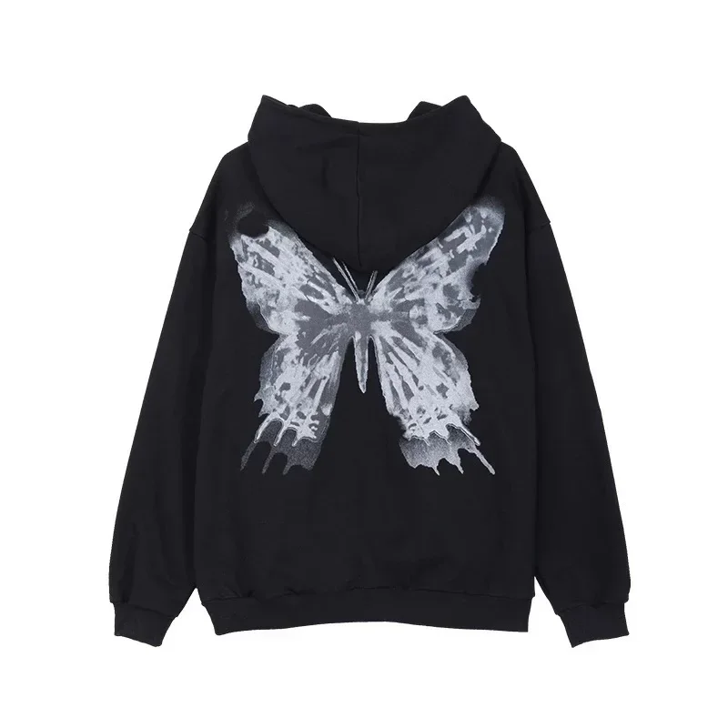 Women Zipper Hoodies Butterfly Print Hip Hop Long Sleeve Jackets for Men Spring Autumn Streetwear Casual Loose Hooded Coats