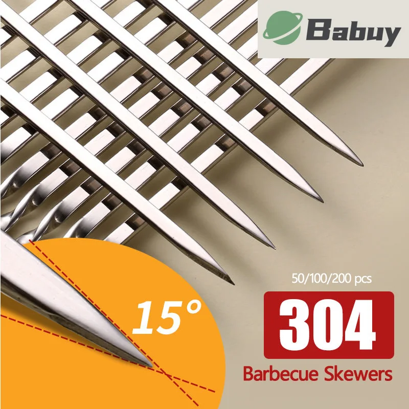 50pcs Barbecue Skewers 304 Stainless Steel BBQ Stick Needle Reusable Kebab Camping Picnic Outdoor Party Flat Forks High Quality