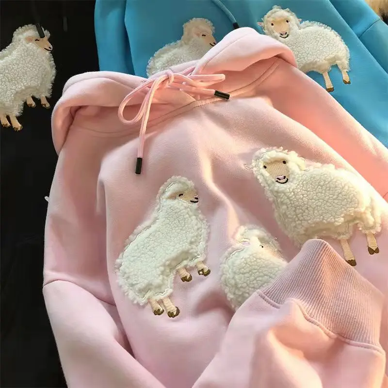 Sheep Embroidery Sweet Oversized Hoodies Women Kawaii Hoodie Long Sleeve Streetwear Student Anime Hoodie Autumn Japanese Fashion