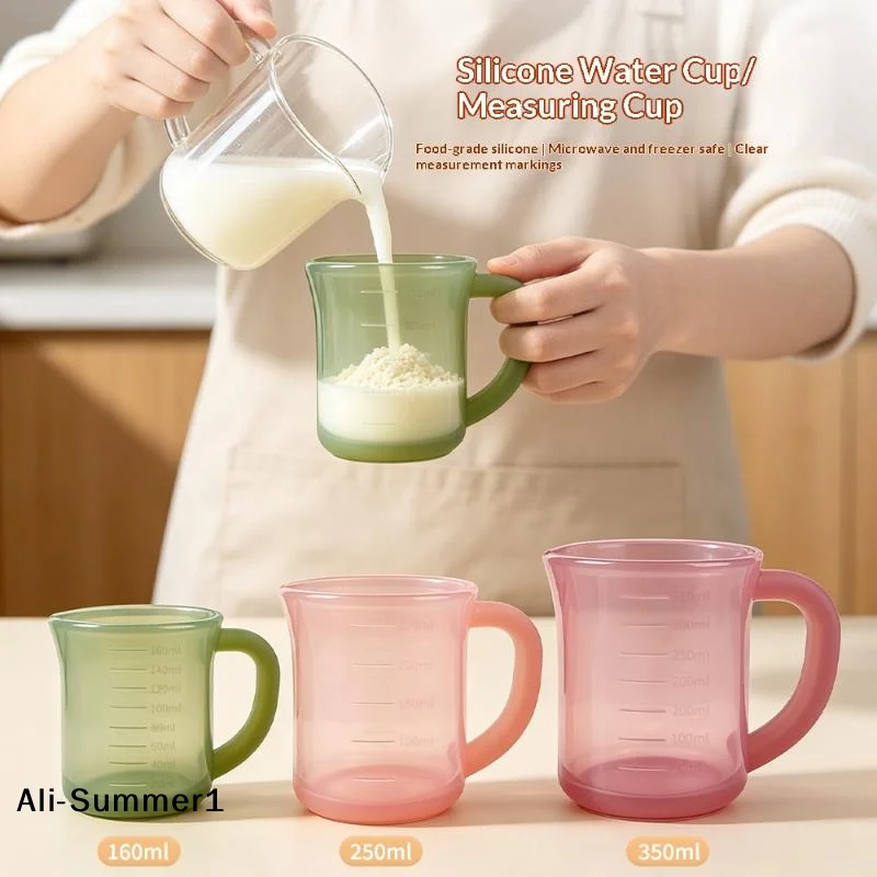 【E】Silicone Graduated Cup Water Measuring Cup, Anti-Drop Outdoor Visible Dual-Scale Liquid Container