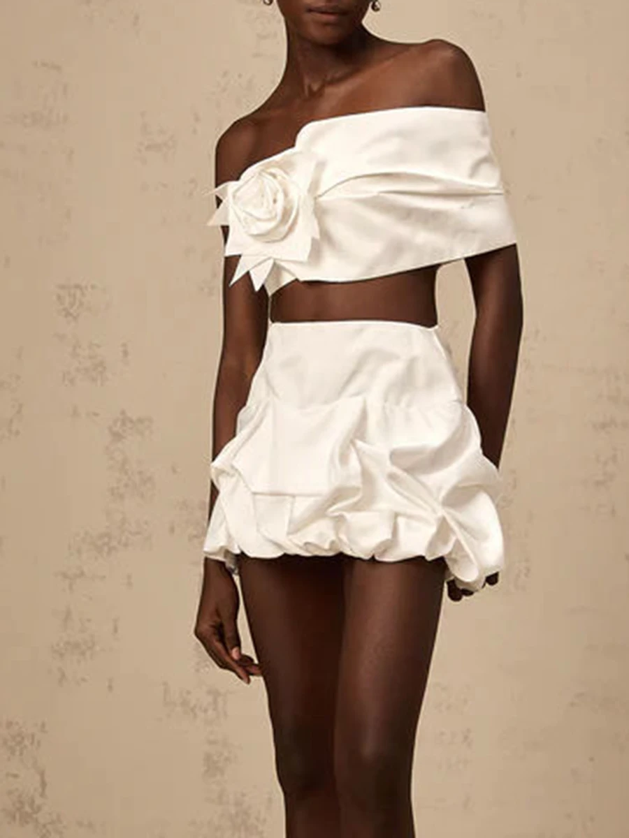 VGH مجموعات مكونة من قطعتين مثيرة للنساء بدون حمالات مكشوفة الكتف وأكمام عالية الخصر تنورة قصيرة مجموعة مصممة أزياء نسائية #5