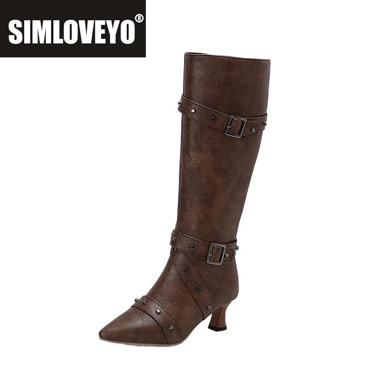 

SIMLOVEYO женские сапоги до колена с острым носком и заклепками, украшения, размер 48, 49, 50, модные ботильоны